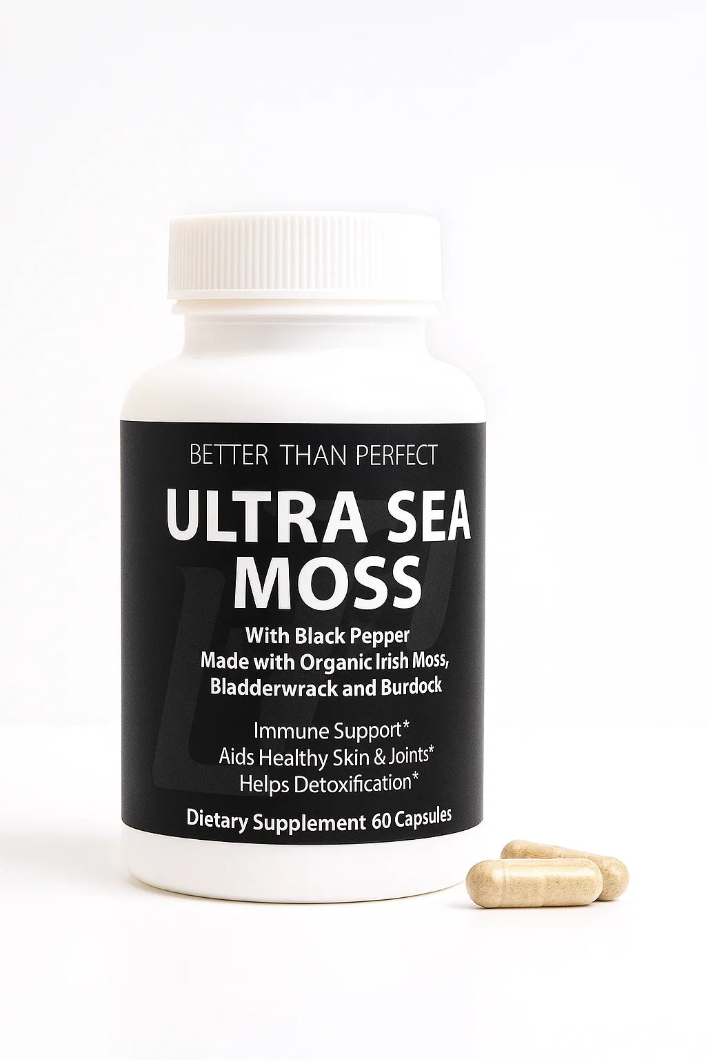Ultra Sea Moss supplement bottle with black pepper for immune support, energy, and detox – BTP Supplements